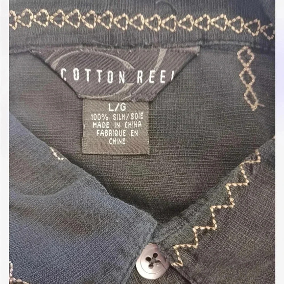 Cotton Reel 100% Silk Black Gold Button Down Short Sleeve Shirt Size L - Picture 8 of 11